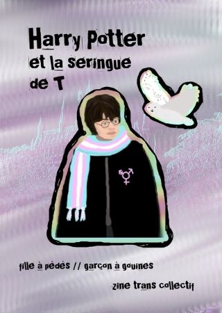 Couverture avec le titre Harry Potter et la seringue de T, accompagné d'un dessin d'Harry avec une écharpe drapeau trans, un écusson symbole trans et sa chouette. En bas : fille à pédés // garçon à gouines, zine trans collectif. Le fond est glitchy dans les tons violets avec Poudlard légèrement visible en arrière-plan. La police d'écriture fait punk.